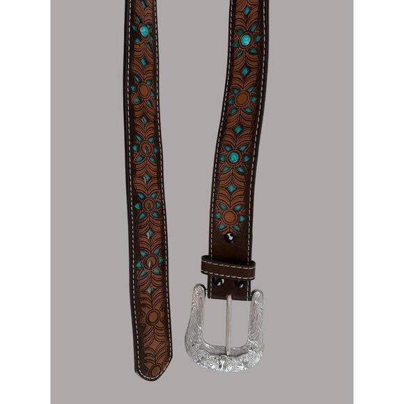 Western Floral Tooled Leather Belt With Turquoise Accents & Silver Buckle - Unis - Picture 6 of 7